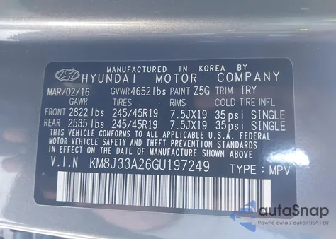 2016 Hyundai Tucson Limited z USA, uszkodzony, nr VIN KM8J33A26GU197249